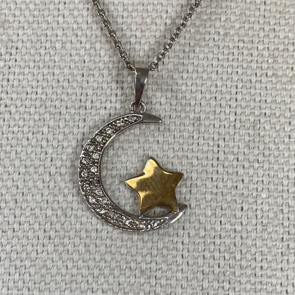 Crescent moon Goldtone star 925 pendant necklace - Picture 1 of 6